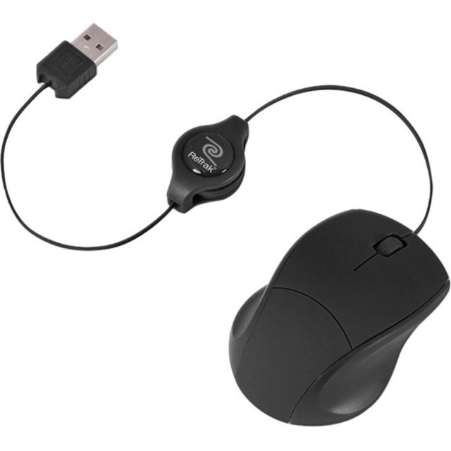 ReTrak Retractable Black Optical Mouse - Optical - Cable - Black - 1 Pack - USB - 800 dpi - Scroll Wheel - 3 Button(s) - Symmetrical (Min Order Qty 3)