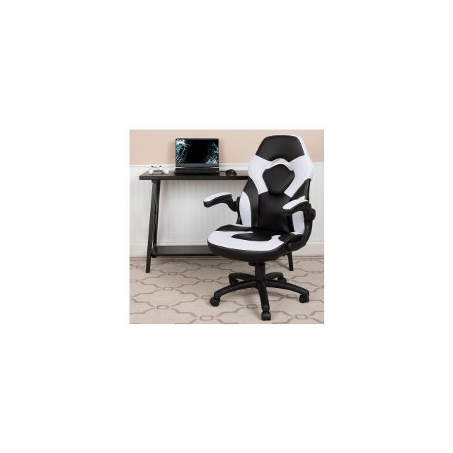 Flash Furniture X10 Racing Style Gaming Chair w/Flip-up Arms LeatherSoft White/Black 00095-WH-GGCH-