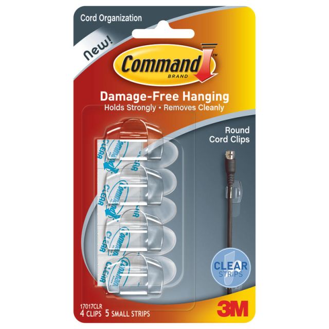 3M Command Damage-Free Cord Clips, Small, Clear, Pack Of 4 (Min Order Qty 13) MPN:17017CLR