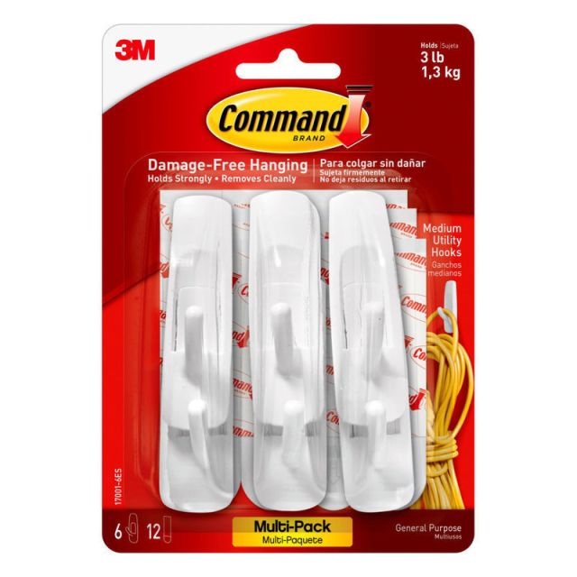 Command Medium Utility Plastic Hooks, 6-Command Hooks, 12-Command Strips, Damage-Free, White (Min Order Qty 7) MPN:17001-VP-6PK
