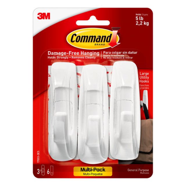 Command Large Utility Hooks, 6-Command Strips, Damage-Free Hanging for Christmas Decor, White (Min Order Qty 7) MPN:17003-VP-3PK
