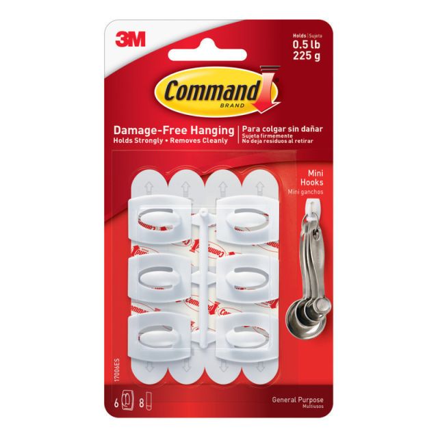 Command Mini Wall Hooks, 6-Command Hooks, 8-Command Strips, Damage-Free Hanging for Christmas Decor, White (Min Order Qty 19) MPN:17006