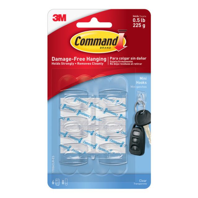 Command Mini Wall Hooks, 6-Command Hooks, 8-Command Strips, Damage-Free Hanging for Christmas Decor, Clear (Min Order Qty 16) MPN:17006CLR