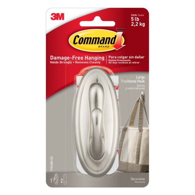 Command Large Hook, 1-Command Hook, 2-Command Strips, Damage-Free, Brushed Nickel (Min Order Qty 11) MPN:17053BN