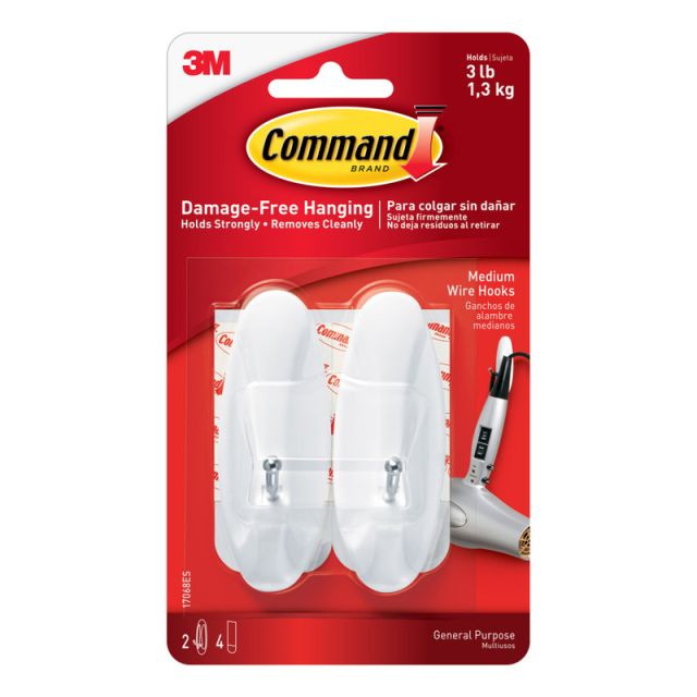 Command Medium Wire Hooks, Damage-Free, White, Pack of 2 Hooks, 2 Pairs of Strips (Min Order Qty 16) MPN:17068