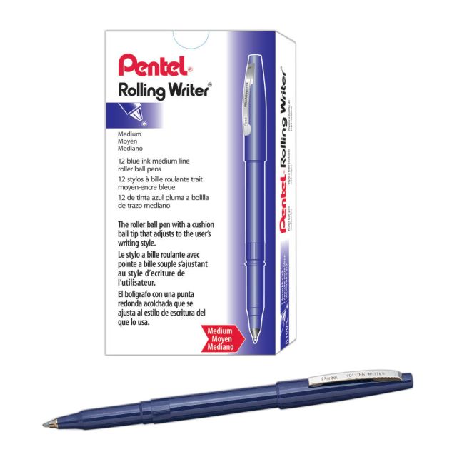 Pentel Rolling Writer Pens, Medium Point, 0.8 mm, Blue Barrel, Blue Ink, Pack Of 12 Pens (Min Order Qty 5) MPN:R100-C