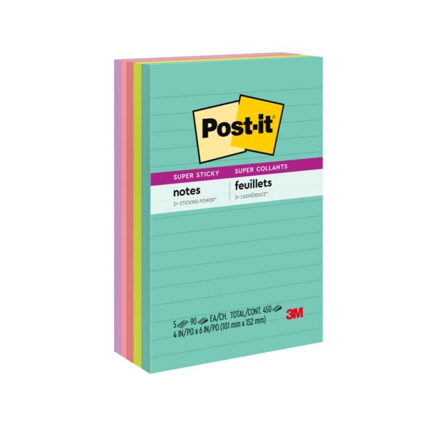 Post-it Super Sticky Notes, 4 in x 6 in, 5 Pads, 90 Sheets/Pad, 2x the Sticking Power, Supernova Neons Collection, Lined (Min Order Qty 4) MPN:660-5SSMIA