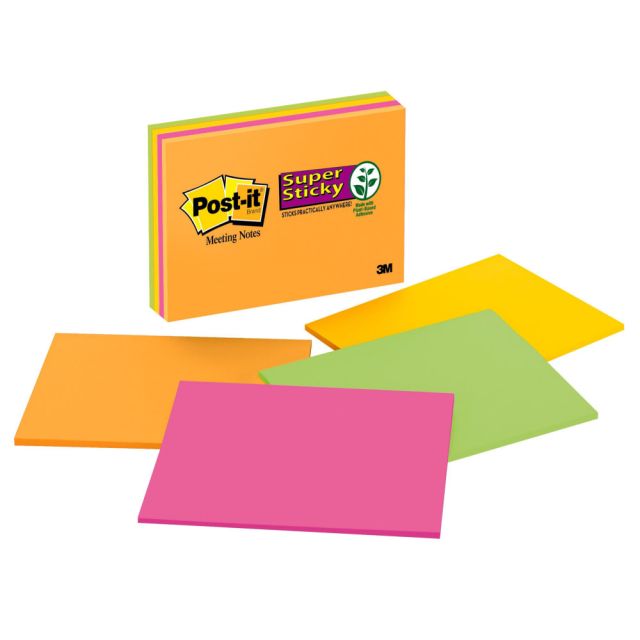 Post-it Super Sticky Notes, 8in x 6in, Energy Boost Collection, 4 Pads/Pack, 45 Sheets/Pad 6845-SSP