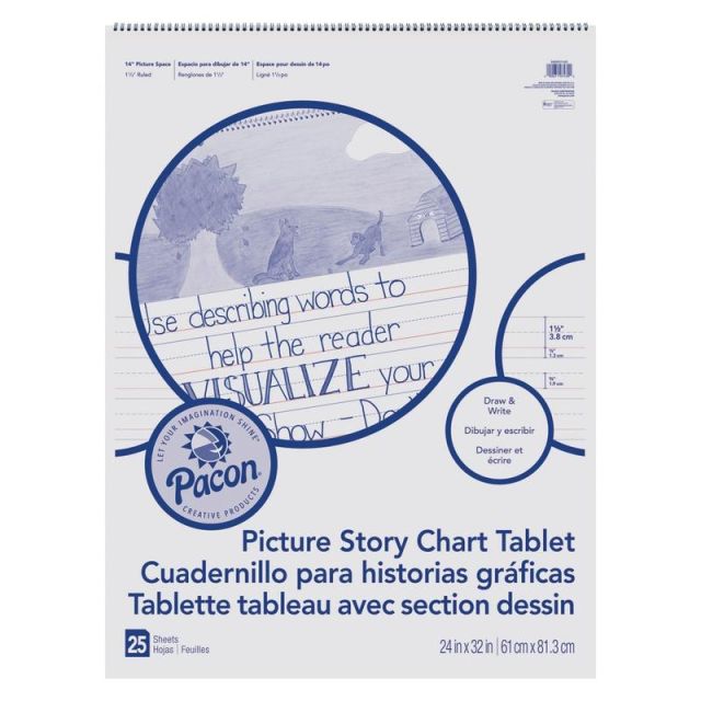 Pacon Ruled Picture Story Chart Tablet - 25 Sheets - Spiral Bound - Both Side Ruling Surface - Ruled - 1.50in Ruled - 13.63in Picture Story Space - 24in x 32in - White Paper - Punched - 1 Each (Min Order Qty 3) MMK07430