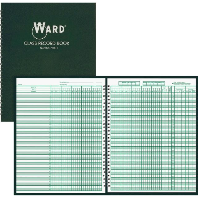 Ward Hubbard Comp. Teachers 9-10 Wk Class Record Book - Wire Bound - 8 1/2in x 11in Sheet Size - White Sheet(s) - Green Print Color - Green Cover - 1 Each (Min Order Qty 4) 910L