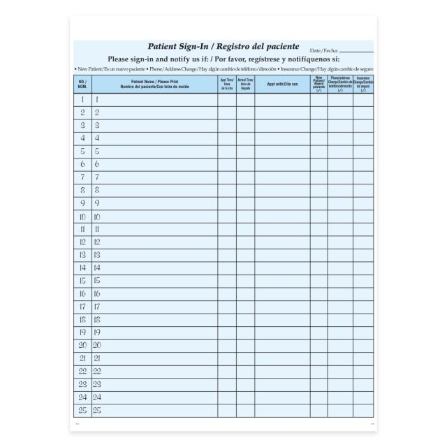 HIPAA-Compliant Bilingual Patient/Visitor Privacy Sign-In Sheets, 2-Part, 8-1/2in x 11in, Blue, Pack Of 500 Sheets MPN:W-PSGN-BIL500