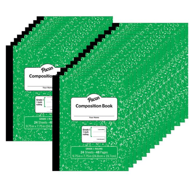 Pacon Composition Books, 9-3/4in x 7-3/4in, Primary Ruled, Green Marble, 24 Sheets, Pack Of 24 Books (Min Order Qty 2) MPN:PACMMK37137-24