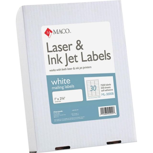 MACO White Laser/Ink Jet Address Labels, ML-3000B, Permanent Adhesive, 1inW x 2 5/8inL, Rectangle, White - 30 Per Sheet, Box Of 7,500 ML3000B