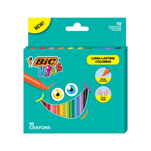 BIC Kids Coloring Crayons, Triangle, Assorted Colors, Pack Of 10 Crayons (Min Order Qty 9)