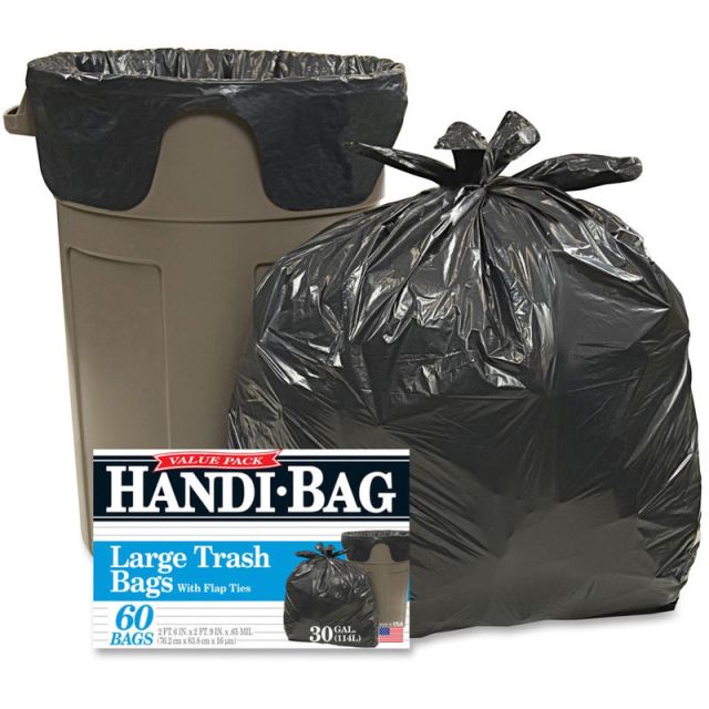 Webster Handi-Bag Wastebasket Bags - Medium Size - 30 gal - 30in Width x 33in Length x 36in Depth - 0.70 mil (18 Micron) Thickness - Black - Hexene Resin - 60/Box - Home, Office (Min Order Qty 2) HAB6FT60