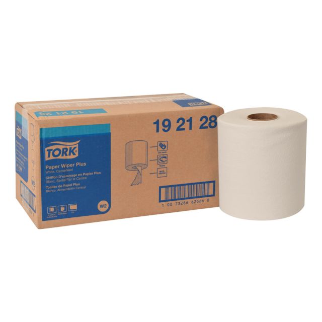 Tork Paper Wiper Plus Rolls, 9-13/16in x 15-1/4in, White, 300 Wipers Per Roll, Pack Of 2 Rolls