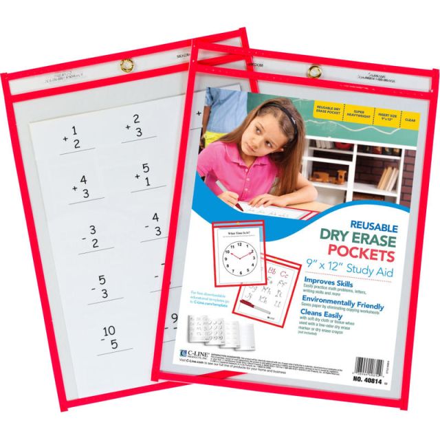 C Line Reusable Dry-Erase Pocket , 8 1/2in x 11in, Red, Box Of 30 40814