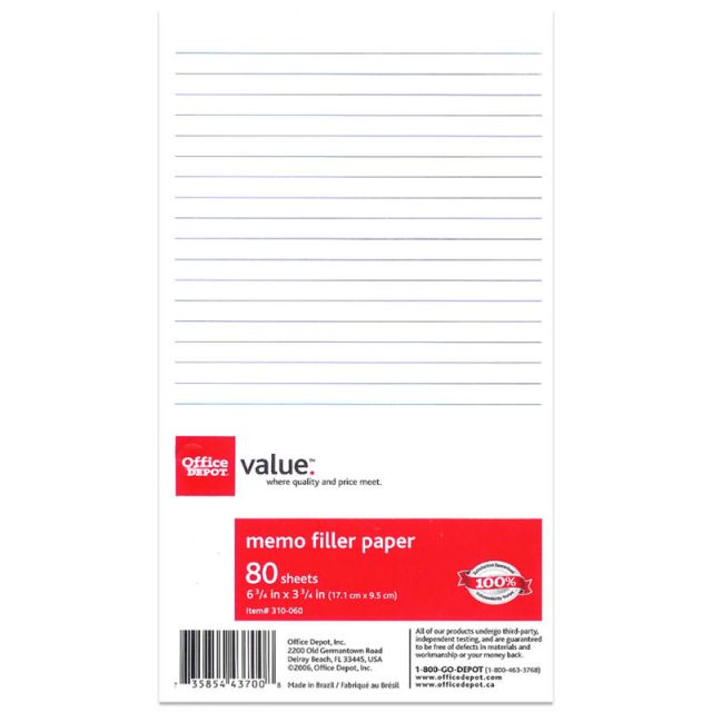 Office Depot Brand 6-Hole Memo Book Filler Paper, 6 3/4in x 3 3/4in, Pack Of 80 Sheets (Min Order Qty 28) MPN:46534
