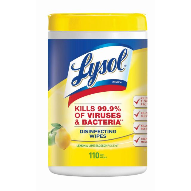 Lysol Disinfecting Wipes, Lemon & Lime Blossom Scent, Tub Of 110 (Min Order Qty 4)