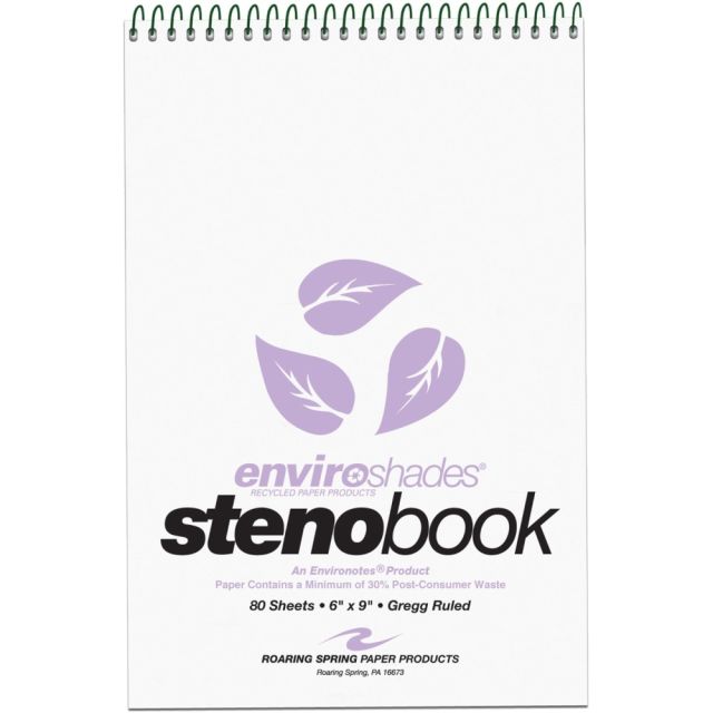 Roaring Spring Enviroshades Steno Books, 6in x 9in, Gregg Ruled, 80 Sheets Per Pad, 30% Recycled, Orchid Lavender, Pack Of 4 (Min Order Qty 2) 12264