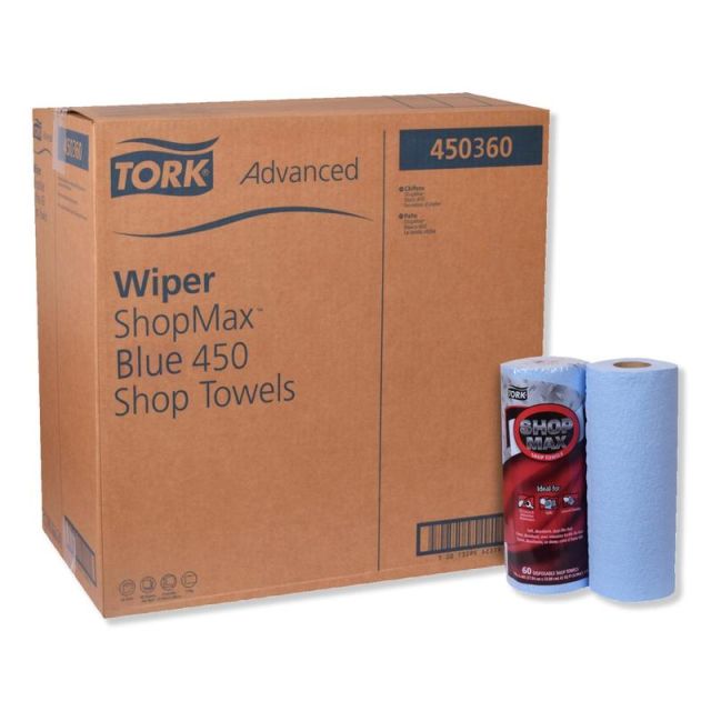 Tork Advanced ShopMax Wiper 450 Wipes, 11in x 9-7/16in, Blue, 60 Wipes Per Roll, Carton Of 30 Rolls