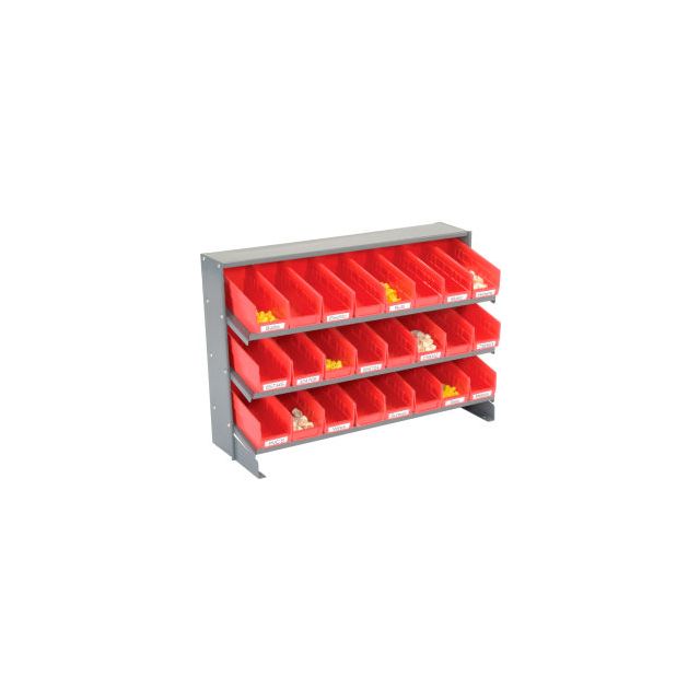 GoVets™ 3 Shelf Bench Pick Rack - 24 Red Plastic Shelf Bins 4 Inch Wide 33x12x21 424RD603