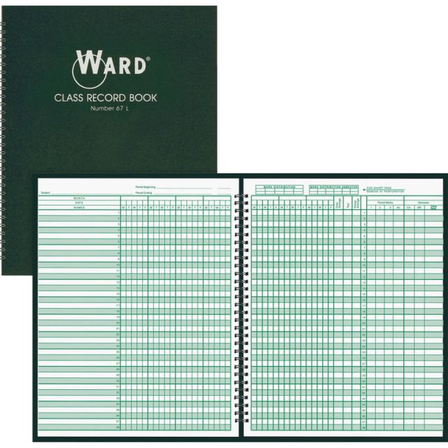 Ward Hubbard Comp. Class Record Book - Wire Bound - 8 1/2in x 11in Sheet Size - White Sheet(s) - Dark Green Cover - 1 Each (Min Order Qty 3) 67L