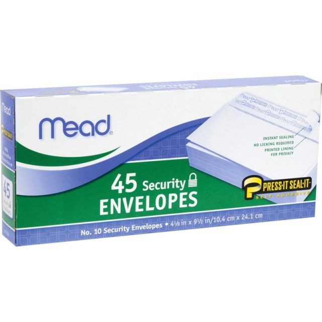 Mead Press-it Seal-it No. 10 Security Envelopes - Security - #10 - 4 1/8in Width x 9 1/2in Length - Peel & Seal - 45 / Box - White (Min Order Qty 16) MPN:75026