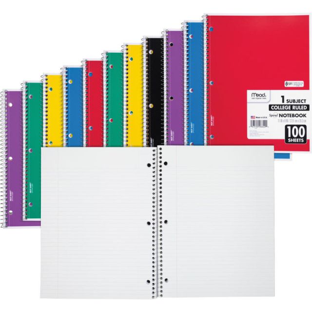 Mead Spiral Notebooks, 1 Subject, College Ruled, 100 Sheets, Assorted, Pack Of 12 MPN:06622BD