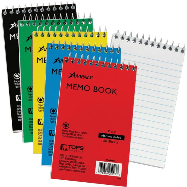 Ampad Memo Book, 3in x 5in, 50 Sheets, 100% Recycled, Assorted Colors, Pack Of 5 (Min Order Qty 3) MPN:25093BD
