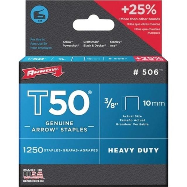 Arrow T50 Type Staples, 3/8in x 3/8in, Silver, Pack Of 1,250 Staples (Min Order Qty 3) MPN:50624