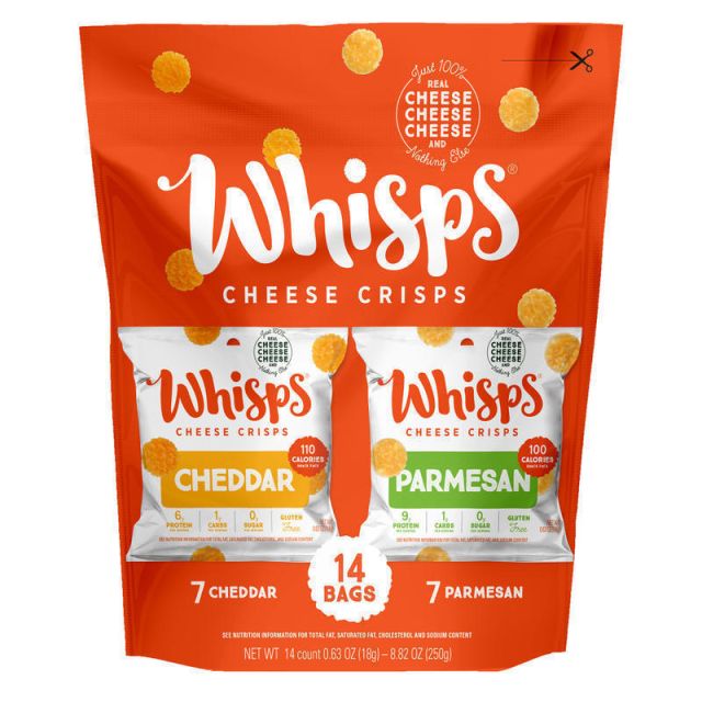 Whisps Gluten-Free Cheese Crisps, Parmesan & Cheddar, 0.63 Oz, Pack Of 14 Bags (Min Order Qty 2) MPN:1222089