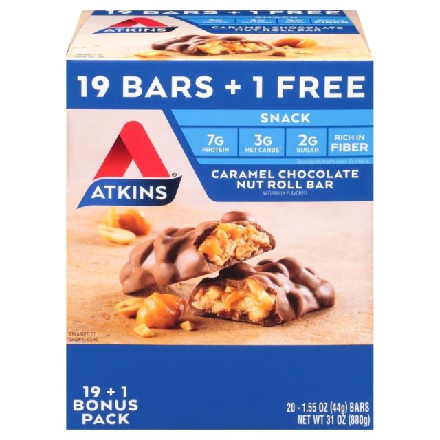 Atkins Caramel Chocolate Nut Roll Bars, 1.55 Oz, Box Of 20 Bars MPN:02030