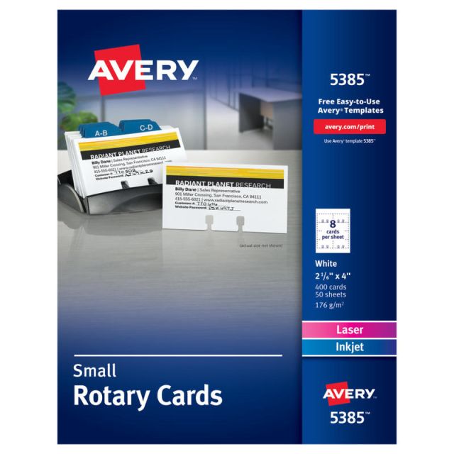 Avery Printable Rotary Cards With Sure Feed Technology, 2-1/6in x 4in, White, Pack Of 400 Blank Cards (Min Order Qty 3) MPN:5385