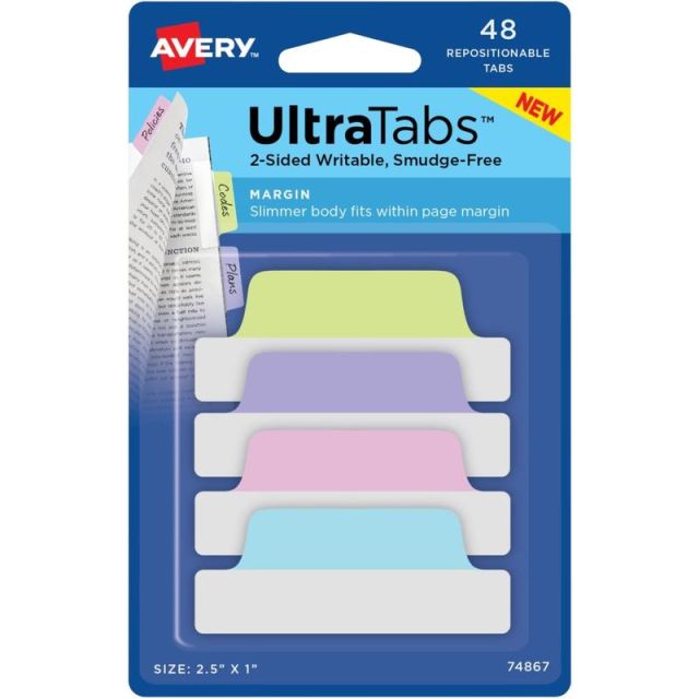 Avery UltraTabs Repositionable Margin Tabs - Write-on Tab(s) - 1in Tab Height x 2.50in Tab Width - Assorted Pastel Tab(s) - 48 / Pack (Min Order Qty 6) MPN:74867