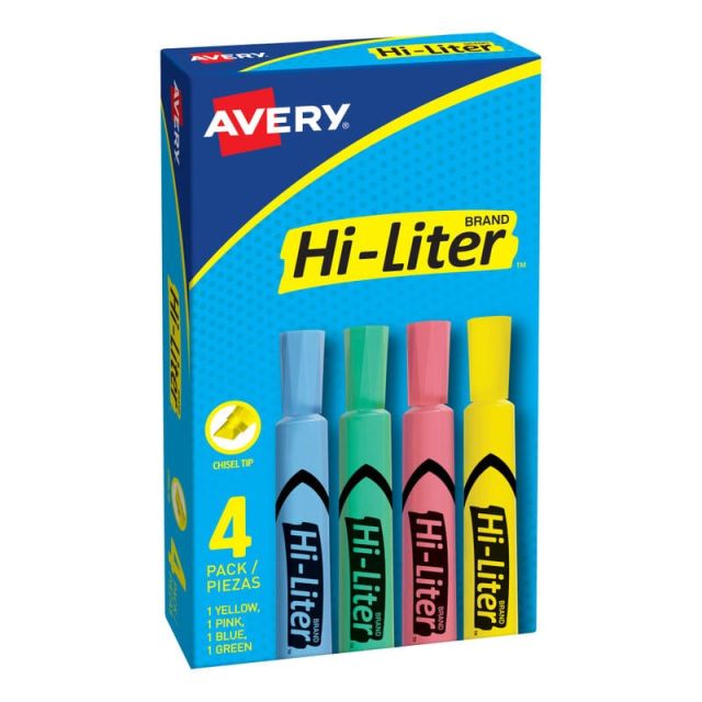 Avery Hi-Liter Desk-Style Highlighters, Assorted Colors, Box Of 4 (Min Order Qty 17) MPN:17752