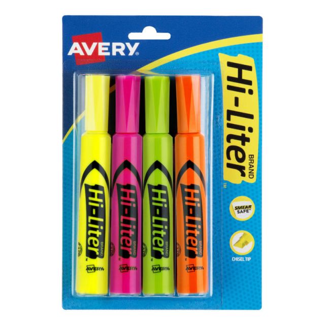 Avery Hi-Liter SmearSafe Highlighters, Chisel Tip, Desk-Style, Assorted, Pack Of 4 (Min Order Qty 19) MPN:24063