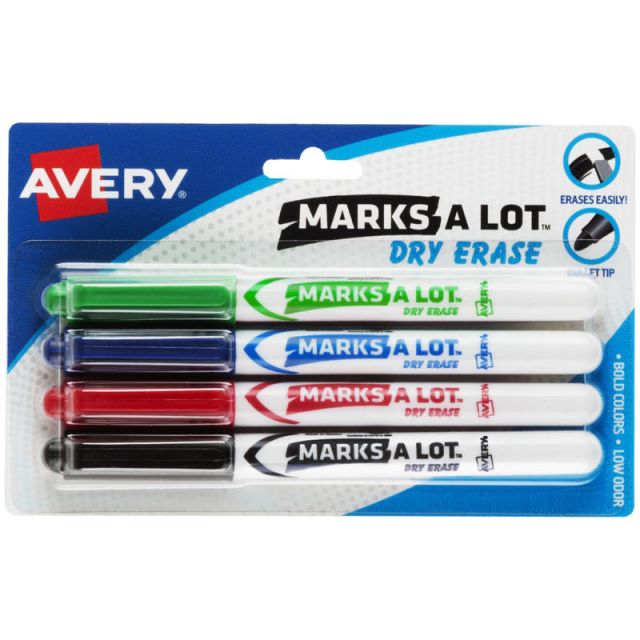 Avery Marks A Lot Dry Erase Markers, Bullet Tip, Pen-Style, Assorted Colors, Pack Of 4 Markers (Min Order Qty 14) MPN:24459