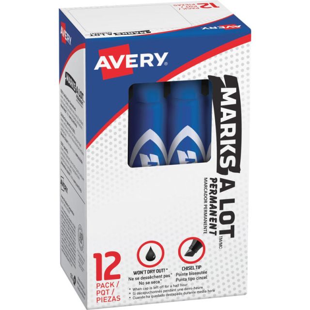 Avery Regular Desk Style Permanent Markers - Regular Marker Point - 4.7625 mm Marker Point Size - Chisel Marker Point Style - Blue - Blue Plastic Barrel - 12 / Dozen (Min Order Qty 6) MPN:07886