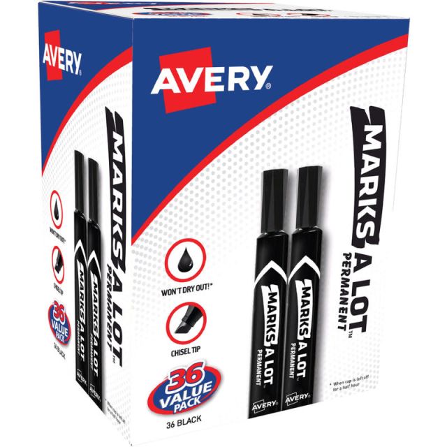 Avery Marks A Lot Permanent Markers, Chisel Tip, Large Desk-Style Size, Black, Pack Of 36 (Min Order Qty 2) MPN:98206