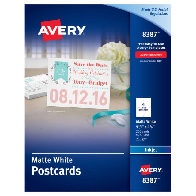 Avery Inkjet Postcards, 4 1/4in x 5 1/2in, Matte White, Box of 200 (Min Order Qty 4) 8387