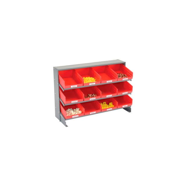 GoVets™ 3 Shelf Bench Pick Rack - 12 Red Plastic Shelf Bins 8 Inch Wide 33x12x21 423RD603
