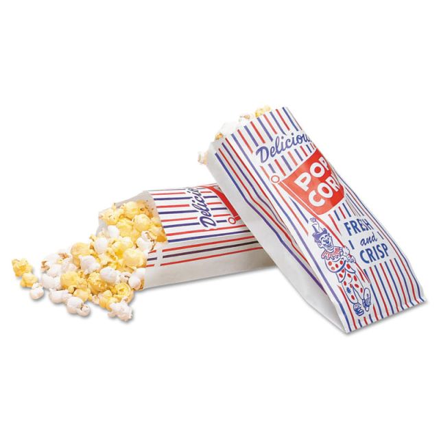 Bagcraft Pinch-Bottom Paper Popcorn Bags, 8inH x 4inW x 1 1/2inD, Blue/Red/White, Pack Of 1,000 Bags (Min Order Qty 2) MPN:300471