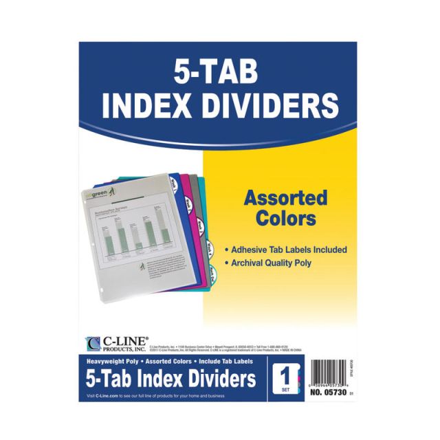 C-Line 5-Tab Poly Index Dividers, 8 1/2in x 11in, Assorted Colors, 5 Dividers Per Pack, Set Of 12 Packs (Min Order Qty 3) MPN:CLI05730BN