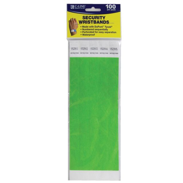 C-Line DuPont Tyvek Security Wristbands, 3/4in x 10in, Green, 100 Wristbands Per Pack, Set Of 2 Packs (Min Order Qty 2) MPN:CLI89103BN