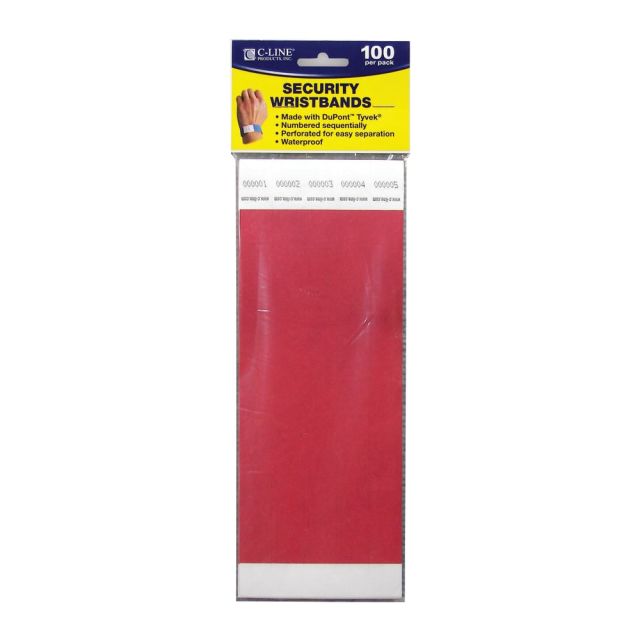 C-Line DuPont Tyvek Security Wristbands, 3/4in x 10in, Red, 100 Wristbands Per Pack, Set Of 2 Packs (Min Order Qty 2) MPN:CLI89104BN