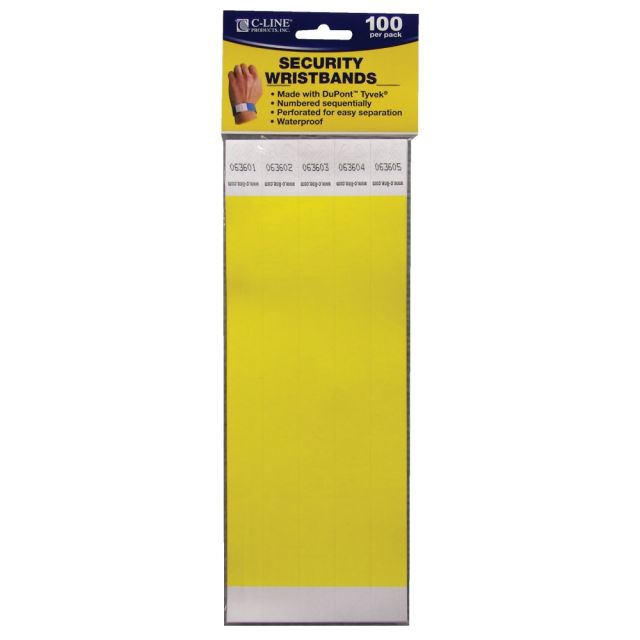 C-Line DuPont Tyvek Security Wristbands, 3/4in x 10in, Yellow, 100 Wristbands Per Pack, Set Of 2 Packs (Min Order Qty 2) MPN:CLI89106BN
