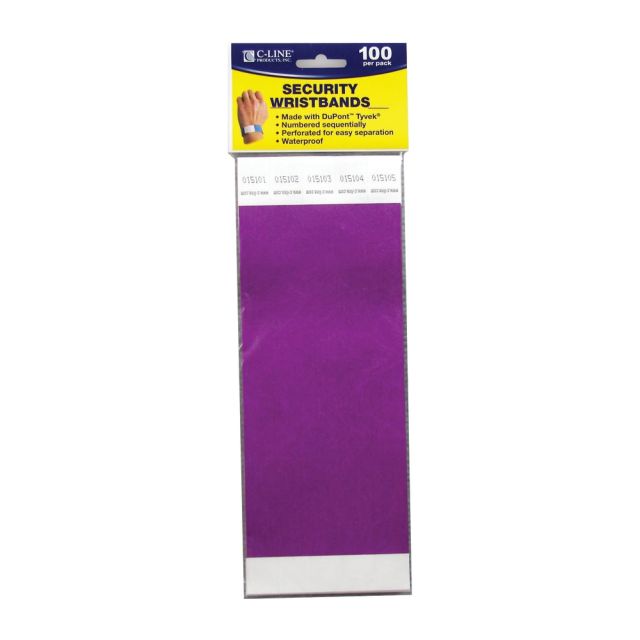 C-Line DuPont Tyvek Security Wristbands, 3/4in x 10in, Purple, 100 Wristbands Per Pack, Set Of 2 Packs (Min Order Qty 2) MPN:CLI89109BN