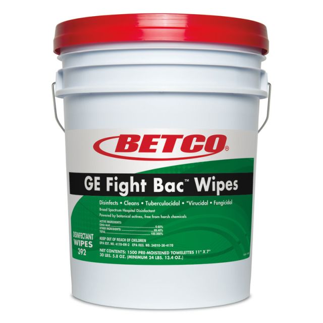 Betco Big Bucket GE Fight Bac Wipes, Fresh Scent, 7in x 11in, Bucket Of 1,500 Wipes MPN:392F500