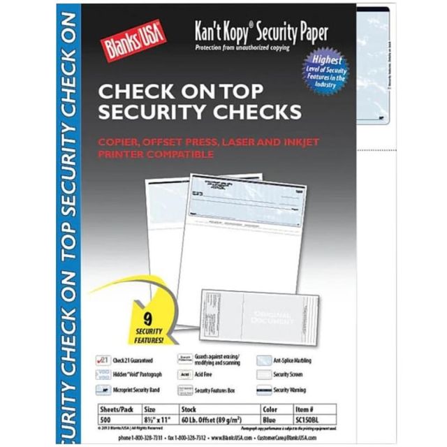 Blanks/USA KanT Kopy Security Check-On-Top Paper, Letter Size (8 1/2in x 11in), Pack Of 500 Checks, Void Blue MPN:SC150BL